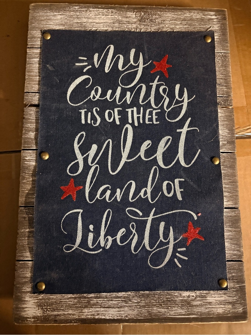 My Country Sweet Land of Liberty Wall Plaque - Navy and Red fabric over wood